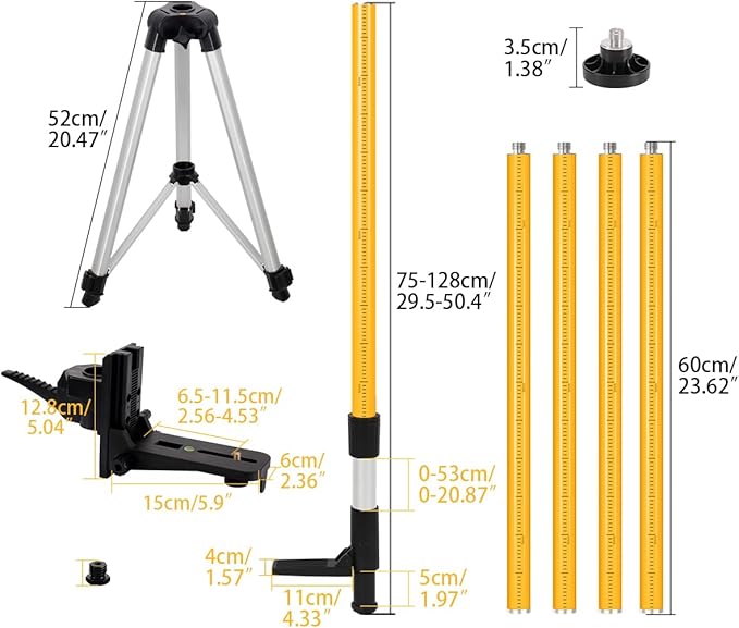 12 Ft/3.7 M Adjustable Telescoping Laser Pole, Laser Level Pole with Tripod and Bracket, 1/4"-20 & 5/8"-11 Mounts, Tripod with Bubble Level & Carry Case for Rotary/Line Lasers