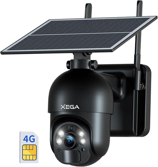 Xega 4G LTE Cellular Security Camera Outdoor Solar Camera Wireless Built-in SIM Card, 2K HD Color Night Vision PTZ 360° View, Smart PIR Motion Detection, 2-Way Talk, No WiFi, IP66