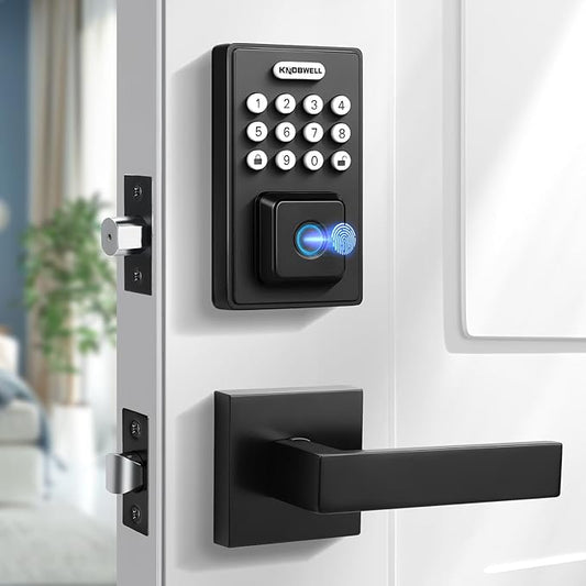 KNOBWELL Smart Fingerprint Door Lock with Lever Handle, Keyless Entry, Biometric Keypad, Electronic Deadbolt Lock,Matte Black
