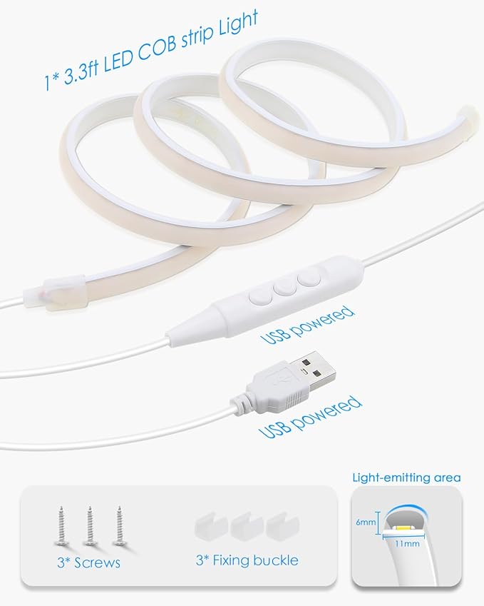 COB LED Strip Light 5V USB Powered 3.3FT/1M Dimmable LED Tape Light Warm White 3000K with Dimmer 320LEDs/M Flexible LED Rope Light Waterproof IP67 for Bedroom Cabinet DIY Indoor Decoration