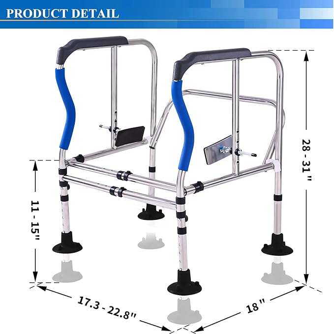 Toilet Safety Rails Frame,Upgrade Heavy Duty Double Crossbar and Suction Cups, Free Standing with Handles for Elderly(330lbs)Handicap & Disabled, Height Width Adjustable, Fit Any Toilet