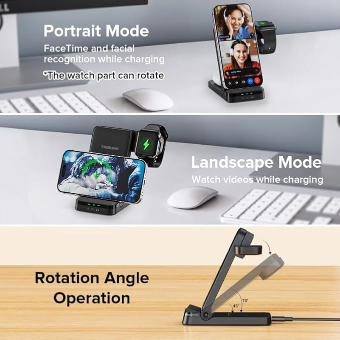 Wireless Charger, Tribone 3 in 1 Foldable Fast Charger for iPhone 16 15 14 13 12 11 Pro Max XR XS 8 Plus,for Multiple Devices,for Apple Watch 10 9 8 7 6 5 4 3 2 SE Ultra,for AirPods Pro 4 3 2, Black