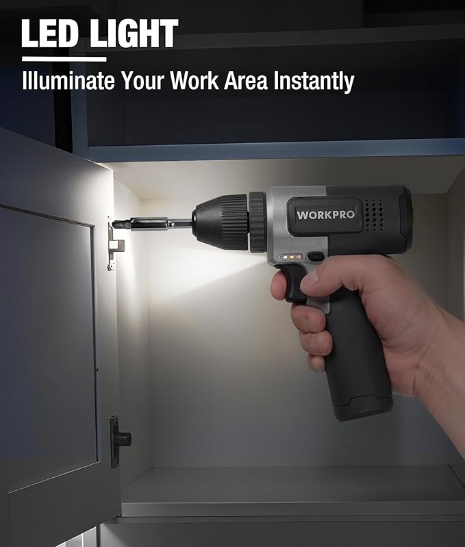 WORKPRO 8V Cordless Drill Set, 2Ah Electric Power Drill with 3/8'' Keyless Chuck, 15pcs Bits, Type-C Charging, Built-in LED and Variable Speed for Drilling and Screwing