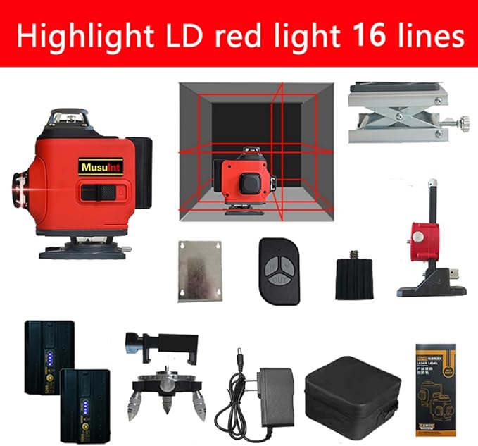 4D 16 lines laser level 4×360° self leveling Precision Cross Line level tool Two 360° Vertical and Horizontal Red beam with hand wave mode control Rotary laser level (4D 16 Red Lines)