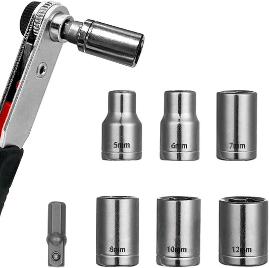 6 Pcs Scoket Set, 1/4" Drive, 5-6-7-8-10-12mm with 1 Pcs Adpter for Interchangeable Ratchet Screwdriver Set