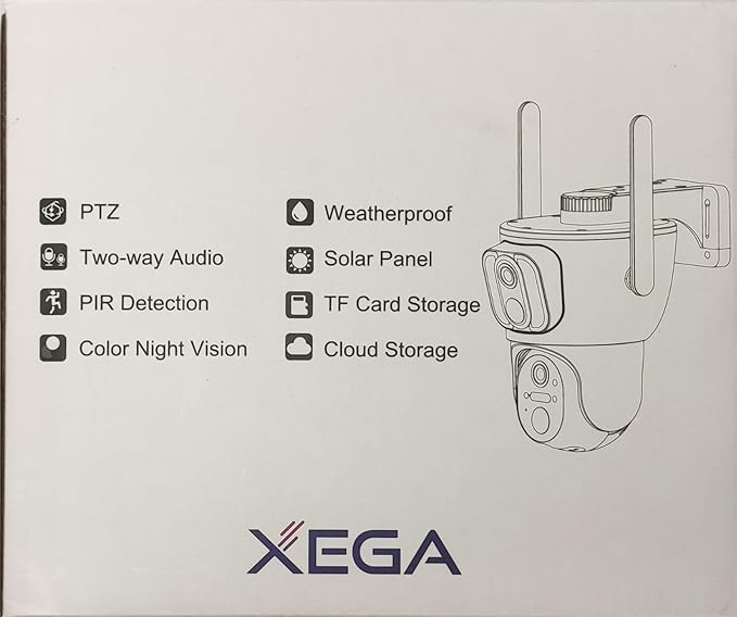 Xega 4G Cellular Security Camera【Dual Lens】 Outdoor with SIM Card, 14400mAh 2K HD Wireless Solar 4G LTE Camera, PTZ Motion Dtetection Spotlight Siren TF Cloud Storage,Only Support The Built-in SIM