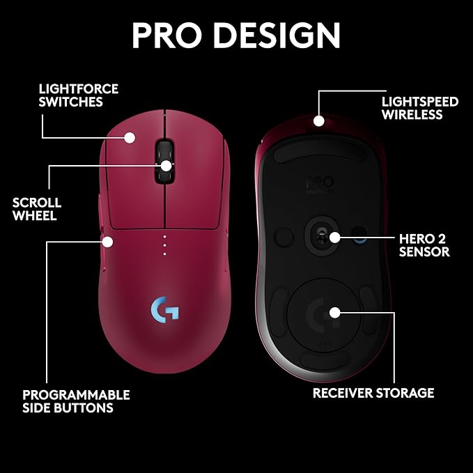 Logitech PRO 2 Lightspeed Wireless Gaming Mouse, Pink | Hero 2 Sensor, 44k DPI, 8 Programmable Buttons, LIGHTFORCE Switches, RGB Lighting, Lightweight, PC/Mac | with Signature Series Charging Dock