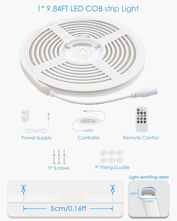 24V COB LED Strip Lights 10FT/3M 3000K Warm White LED Tape Light with Dimmer 320LEDs/M Dimmable LED Rope Light Outdoor Waterproof IP68 LED Light for Bedroom Cabinets Decor (Includes Adapter)