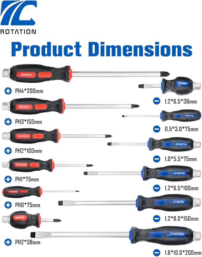ROTATION Magnetic Screwdriver Set 12 PCS with Black tips, 6 Phillips and 6 Flat Head Screwdrivers, with Go-Thru Steel Blades, High Torque for Fastening and Loosening, pack with paper box