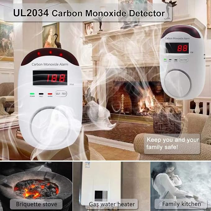 Plug-in Type Carbon Monoxide Alarm, CO Detector Monitor with LED Digital Display and Voice Alert for Home/Kitchen/Bedroom - 2 Pack