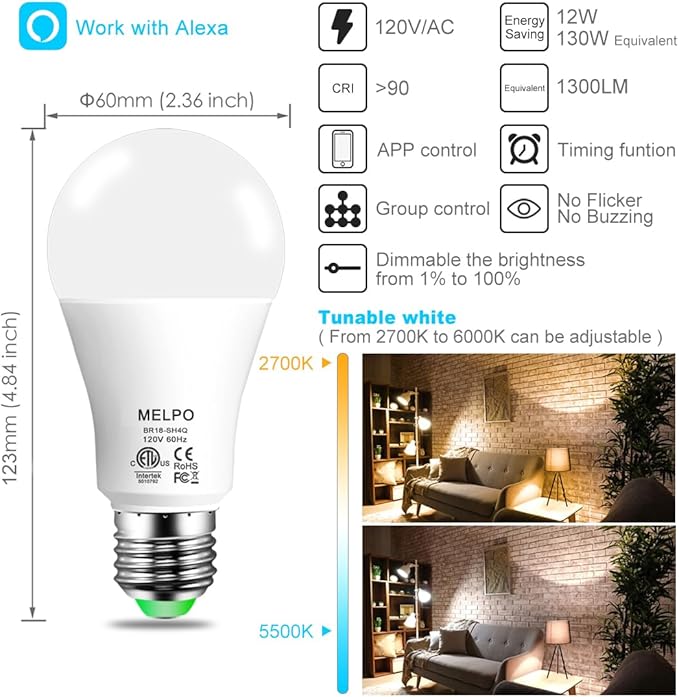 MELPO Alexa Light Bulb 130W Equivalent, Smart Light Bulbs Warm White to Daylight Tunable, A19 E26 Bluetooth LED Bulbs Controlled by BRmesh APP and Alexa only, Timing, Flicker-Free(8 Pack)