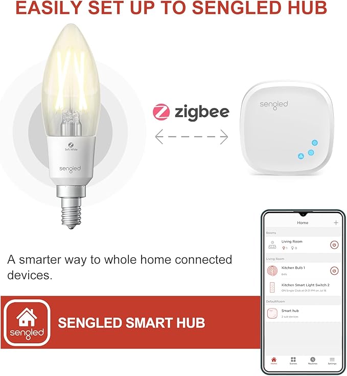 Sengled Zigbee Smart Light Bulbs, Smart Hub Required, Work with SmartThings and Echo with Built-in Hub, Voice Control with Alexa and Google Home, Soft White B11 Candelabra Light Bulbs 40W Eqv. 4 Pack