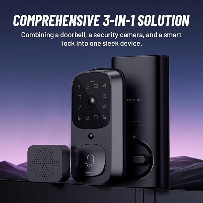 HAVION Deadbolt Smart Lock w/Camera - by NIU Inno., Incl. Chime, 3-in-1 Wi-Fi Deadbolt+Camera+Video Doorbell Keyless Fingerprint Lock for Entry Front Door, 32GB eMMC, 10000mAh, 2K QHD & 170° View
