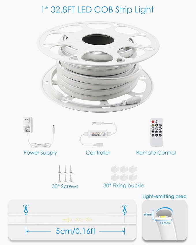 Outdoor LED Light Strips with Remote 32.8FT 24V LED COB Light Strip 6000K Daylight White Waterproof LED Tape Light Flexible Tunable 3200LEDs/10M for Patio Balcony (Adapter are Included)