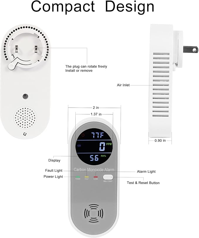 Plug in Carbon Monoxide Detector, Carbon Monoxide Alarm,Real-time Digital Display 3-in-1 Level: PPM,°F & Humidity, Co Detector Monitor for Home,RV,Apartment