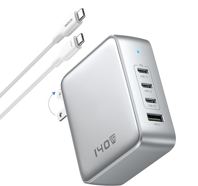 140W USB C Charger, 4 Ports GaN Charger Block Charging Station, Foldable and Compact Fast Wall Charging Power Adapter for MacBook Pro/Air, Dell XPS, iPad Pro, iPhone Series, Galaxy S24, and More