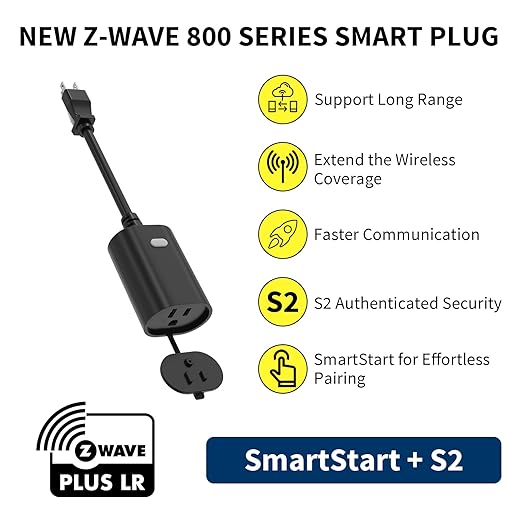Minoston Zwave Outlet Plug, 800 Series Outdoor Z-Wave LR Smart Plug, On/Off Switch, Z Wave Hub Required, IP65 Weather-Resistant Waterproof, Built-in Repeater, Compatible with SmartThings Black (MP22Z)