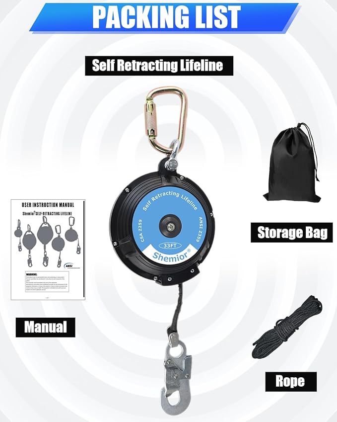 33FT Web Self Retracting Lifeline, No Tangle Lightweight Housing SRL, Self Retractable Safety Lanyard, Fall Arrest Protection PPE Gear for Roofing Construction, OSHA/ANSI Compliant