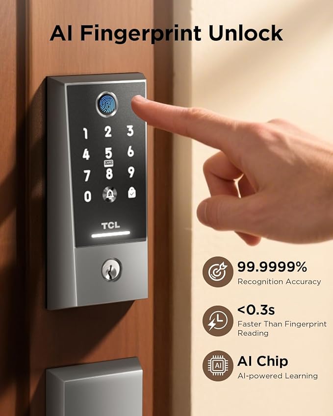 TCL D2 Plus Smart Lock, Fingerprint Door Lock, Built-in Doorbell & Wi-Fi, No Hub Needed, Keyless Entry Electronic Deadbolt for Front Door, Compatiable with Alexa&Google Assistant, Auto Lock