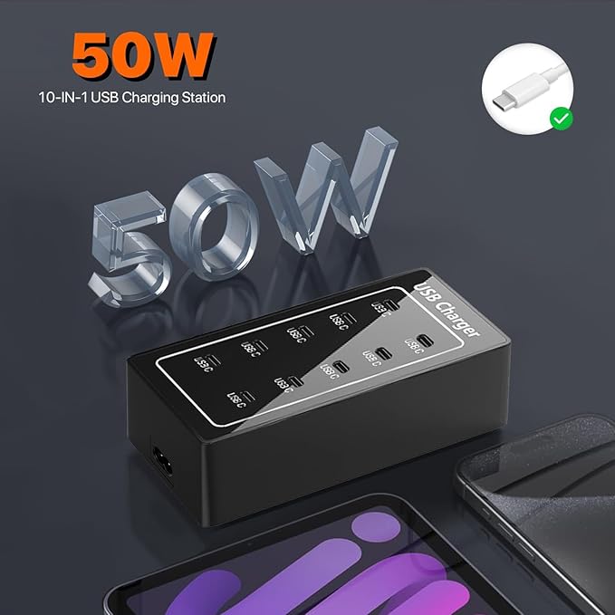 USB C Charger, 50W USB Charging Station for Multiple Devices, 10-Ports Power Hub Strip Smart Plug Charging Dock Charge Block Compatible with iPhone/Google/Tablet and More