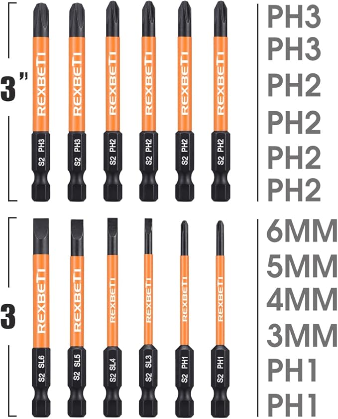 REXBETI 12 Piece Slotted Phillips Screwdriver Bit Set, 1/4 Inch Hex Shank S2 Steel Magnetic 3 Inch Long Drill Bits (Slotted Set)