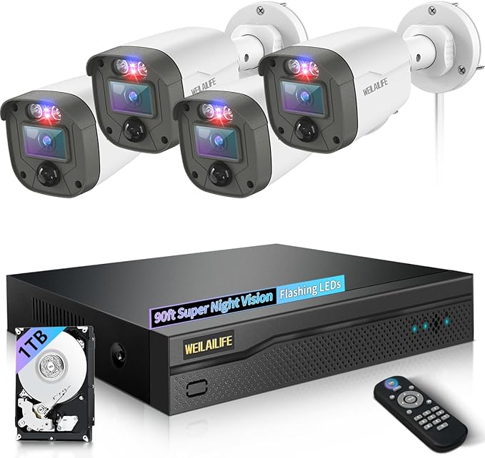 【Flashing LEDs Visual Alert】 Wired Security Camera System, CCTV Cameras with DVR Recorder, Home Video Surveillance Systems