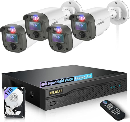 【Flashing LEDs Visual Alert】 Wired Security Camera System, CCTV Cameras with DVR Recorder, Home Video Surveillance Systems