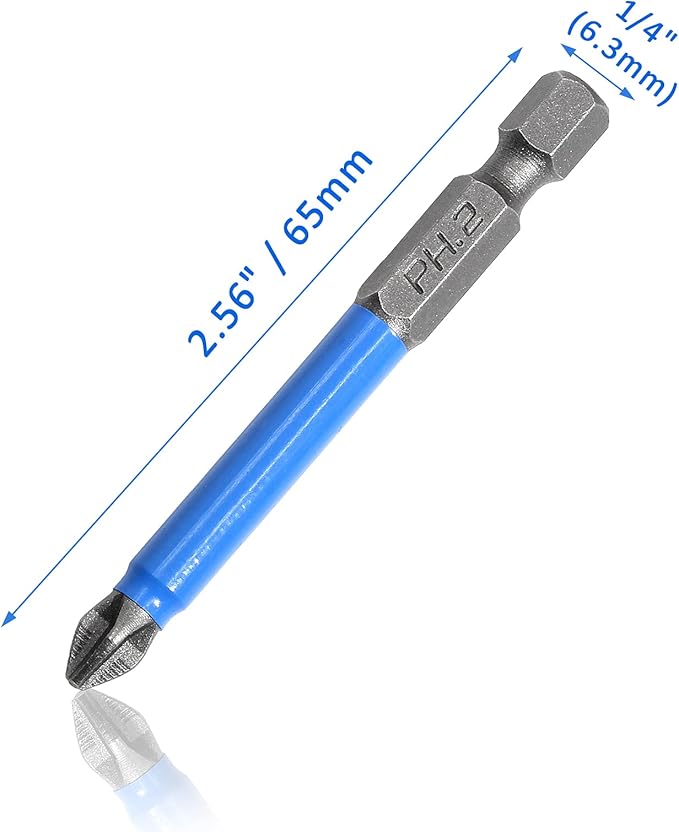 10 Pcs Magnetic Phillips Screwdriver Bit Set 2.56 inch Long, PH2 Phillips Bits Set, Non-Slip Cross Head Electric Screwdriver Bits Set 1/4" Hex Shank (PH2, 65mm)