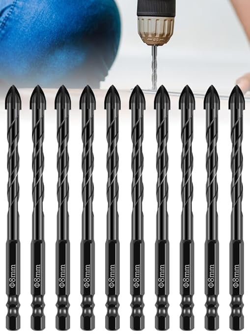 10Pcs Concrete Drill Bit Set 8mm Alloy Masonry Drill Bit Set Stable Carbide Tipped Tile Drill Bit Cross Head 1/4 Hex Shank Drilling Hole Bit for Concrete Cement Brick Wood (8mm 10pcs)