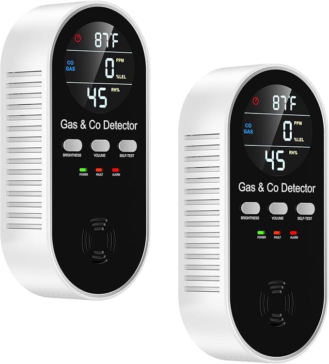 5 in 1 Carbon Monoxide Detectors Plug in with Temperature Humidity Sensor Built in Battery Backup, Natural Gas Leak Detector with Clear LED Display Sound & Light Warning for Home/Hotel, 2Pcs, Black.