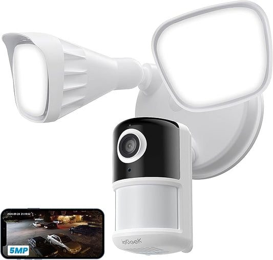 ieGeek Floodlight Camera, 5MP Outdoor Home Security Light with Cameras, 5G/2.4G WiFi Wired Flood Light Cam with Smart Motion Sensor/Siren, Color Night Vision, 2 Way Audio, 24/7 Record,Works w/Alexa