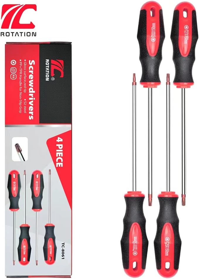 ROTATION 4PCS Magnetic Tip Torx Screwdriver Set, 4 Torx Star Screwdrivers, T20, T25, T27, T30, Red Tip | Red, Gloss, S2 Steel
