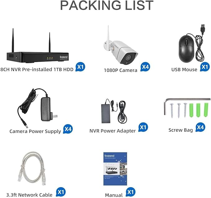 Security Camera System: firstrend Wireless Cameras for Home Security 1080P 8CH with 4 pcs 2MP Cam Full HD 1TB HDD 24/7 Recording Surveillance Night Vision Motion Alert APP CCTV