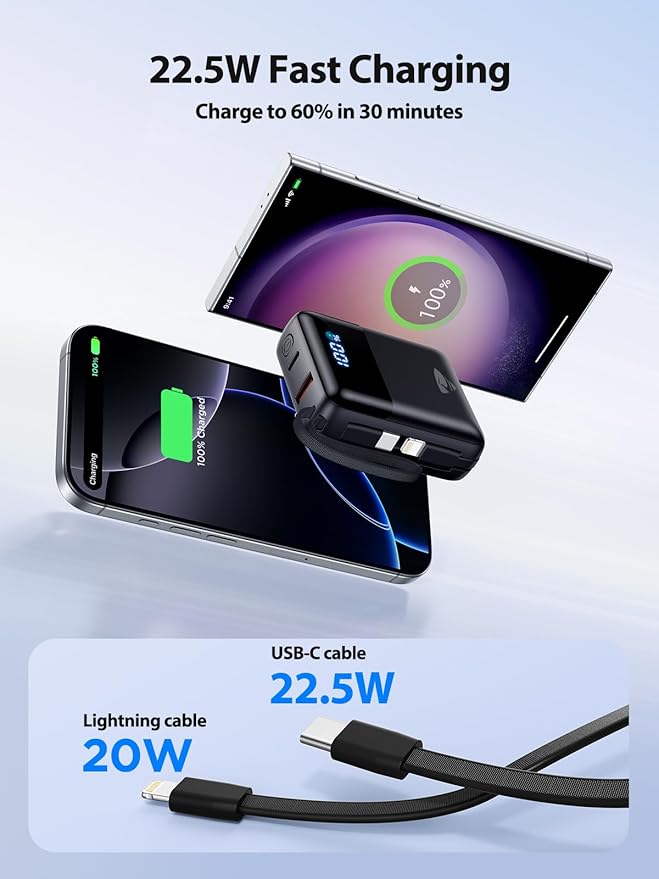 Aioneus Portable Charger 10000mAh, 22.5W Power Bank Fast Charging, Battery Pack with Built-in USBC Cables, Small Portable Charger Power Bank for iPhone 17/16/15/14/13/12, Samsung S25/S24/S23, Android