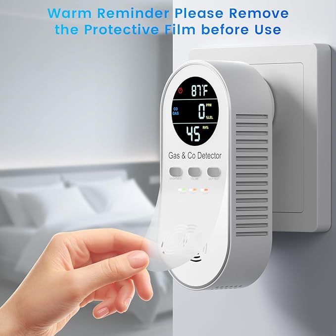 5 in 1 Carbon Monoxide Detectors Plug in with Temperature Humidity Sensor Built in Battery Backup,Natural Gas Leak Detector with Clear LED Display Sound & Light Warning for Home/Hotel,1-Pcs, White.