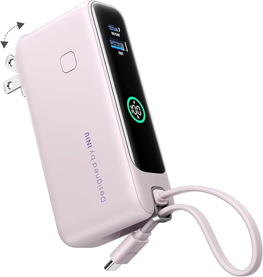 INIU 3-in-1 Portable Charger, Small 10000mah 30W Fast Charging Power Bank with Built-in USB C Cable and Foldable AC Plug, Flight Family Travel Essentials for College Students Teen Boys Girls, Purple