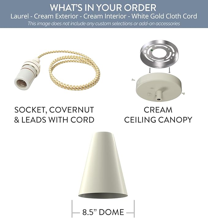 Steel Lighting Co. Laurel Pendant Light | Ceiling Mounted | 8.5 inch Cone Shade | Modern Contemporary Farmhouse Style Made in America | White Gold Cloth Cord | Cream Exterior/Cream Interior