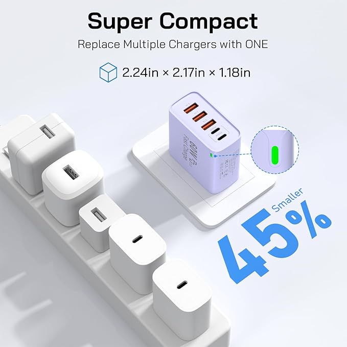 2Pack USB C Fast Charger Block, 60W 5-Port USB C Wall Charger 30W Type C Charging Block, 2USB C+3USB A PPS/PD 3.0 Multiport Charging Cube for iPhone 16 15 14 13 Pro Max,for Galaxy S25 S24 Ultra, i Pad