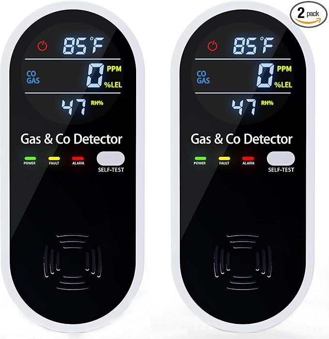 2 Pack Carbon Monoxide Detectors Plug in, 4-in-1 Combustible Gas Detector & Carbon Monoxide Monitor with Temperature & Humidity Display, Compact CO Detector for Home, RV & Travel Safety