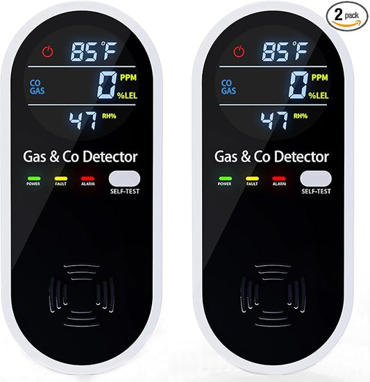 2 Pack Carbon Monoxide Detectors Plug in, 4-in-1 Combustible Gas Detector & Carbon Monoxide Monitor with Temperature & Humidity Display, Compact CO Detector for Home, RV & Travel Safety