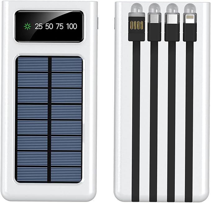 Power-Bank - 20000mAh Portable Charger,Solar Power Bank,Camping External Backup Battery Pack,Fast Solar Panel Charger with Dual Flashlight and 4 USB Cables (White)