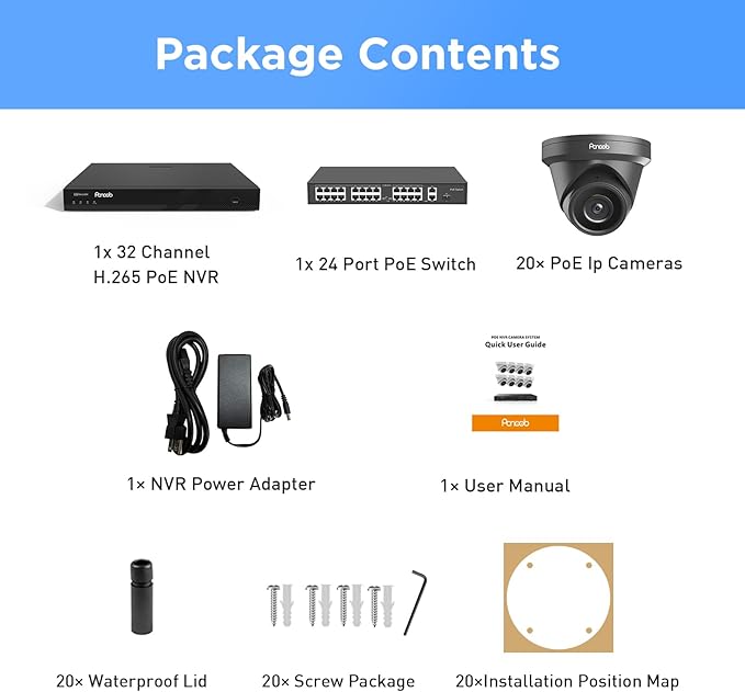 32 Channel Security Camera System 4K PoE, 20x 8MP Wired IP Black Turret Dome Camera with AI Human Vehicle Detection, Built-in Mic, Remote Access 24-7 Recording, 4K 32CH NVR 8TB HDD, PD93A32032-8M