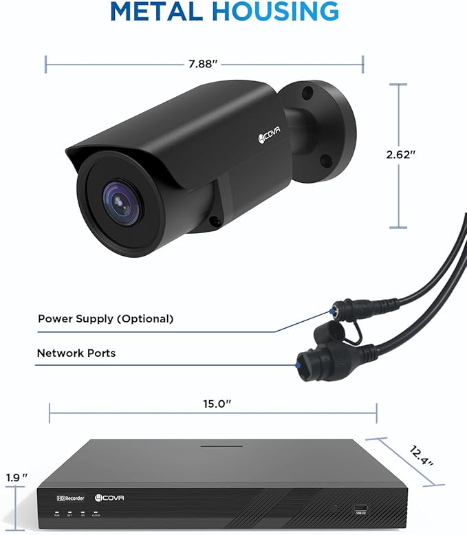 4COVR 16 Channel Security Camera System, Human/Vehicle Detection, Night Vision, 16CH 4K NVR 4TB HDD, 12Pcs 8MP Wired Commercial Bullet PoE IP Camera IP67, Business Surveillance Outdoor, LY37EB8M1612