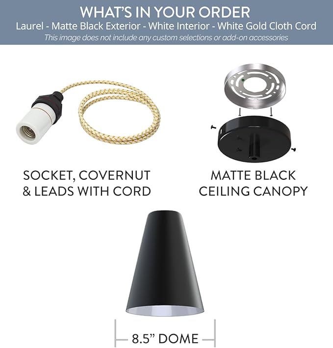 Steel Lighting Co. Laurel Pendant Light | Ceiling Mounted | 8.5 inch Cone Shade | Modern Contemporary Farmhouse Style Made in America | White Gold Cloth Cord | Matte Black Exterior/White Interior