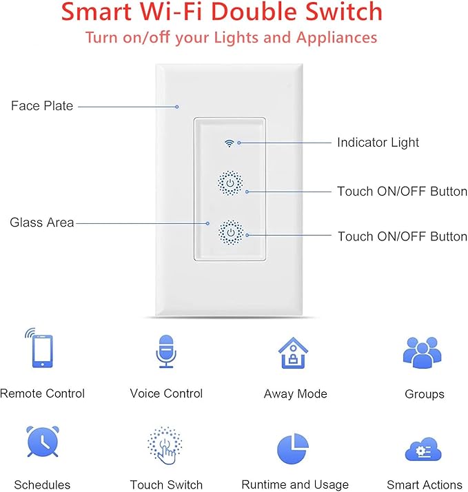 Nexete Smart Wi-Fi Double Light Switch, 2 in1 Single Pole Switch Compatible with Alexa Google Assistant & IFTTT,Remote Control, Timing Function No Hub Required (1-Pack Double)