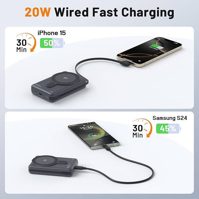 Magnetic Portable Charger 10,000mAh Qi2 Certified 15W Fast Charging Wireless Power Bank, Magsafe Battery Pack with Foldable Stand, PD20W USB C Built in Cable, for iPhone 16/15/14/13/12 Series