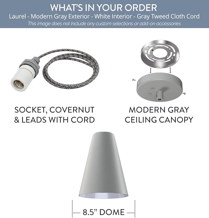 Steel Lighting Co. Laurel Pendant Light | Ceiling Mounted | 8.5 inch Cone Shade | Modern Contemporary Farmhouse Style Made in America | Gray Tweed Cloth Cord | Modern Gray Exterior/White Interior