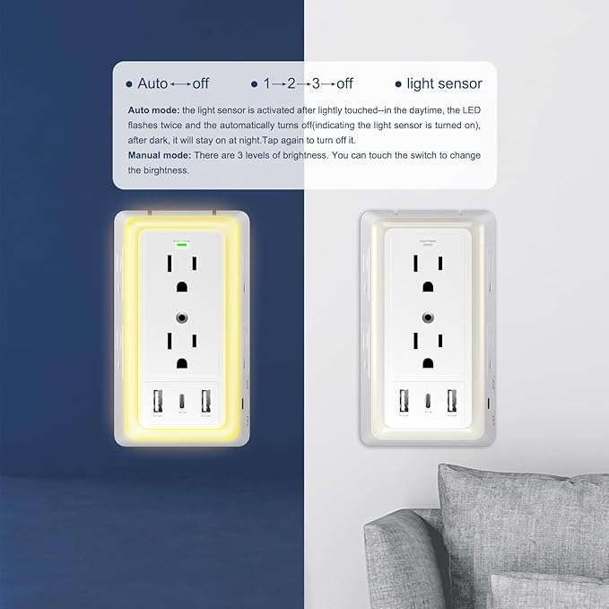 Surge Protector, Multi Plug Outlet Extender with Night Light for Home, Office, School, 6-Outlet Splitter and 3 USB Ports(1 USB C), Wall Charger Power Strip, FCC Listed