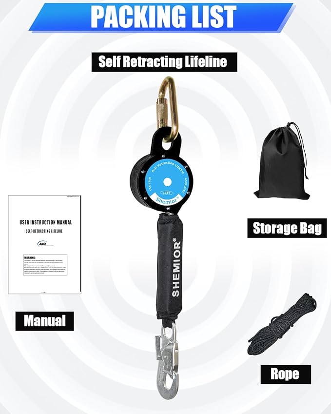 11FT Web Self Retracting Lifeline, Shemior No Tangle Lightweight Housing SRL External Shock Absorber, Self Retractable Safety Lanyard, Fall Arrest Protection PPE Gear, OSHA/ANSI Compliant