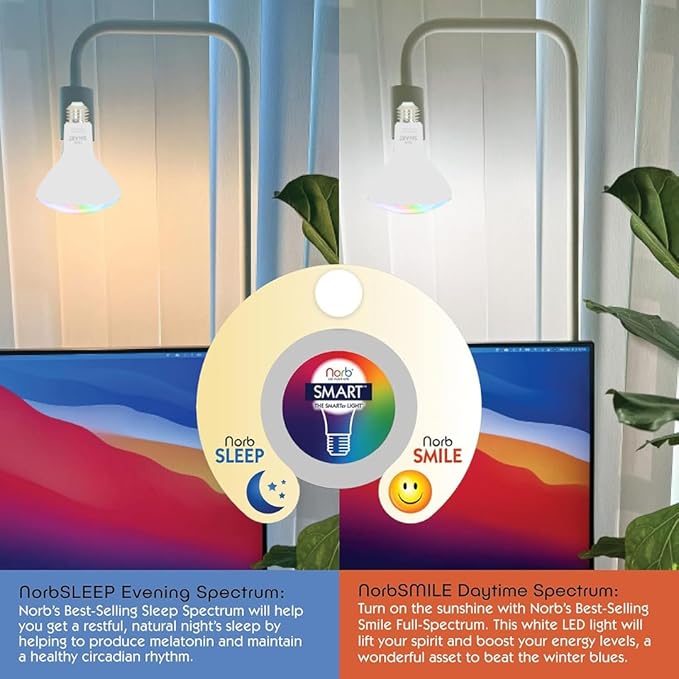 NorbSMART - Circadian Rhythm Supporting Tunable LED w/NorbSMILE, Sleep, Relief, Cozy, and Custom Colors in One Bulb. WiFi Enabled App, Alexa/Echo/Google Home, 9W, BR30, No Hub Required (2-Pack)